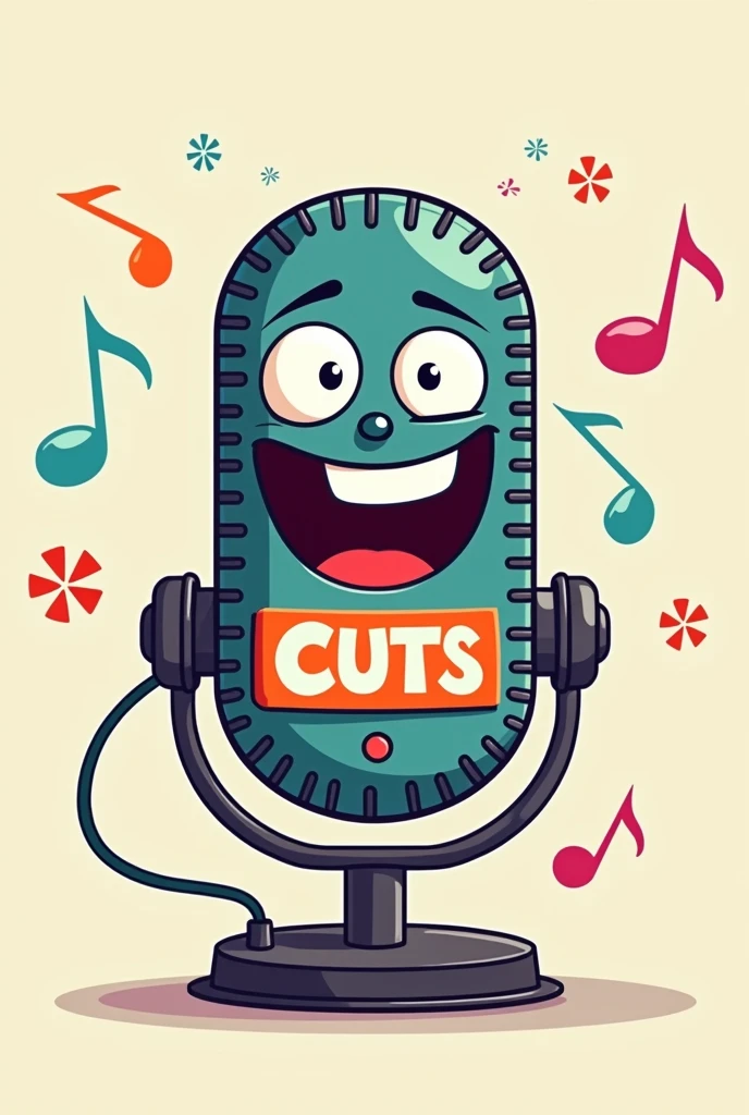 An image of a laughing microphone, with the name cuts highlighted centered