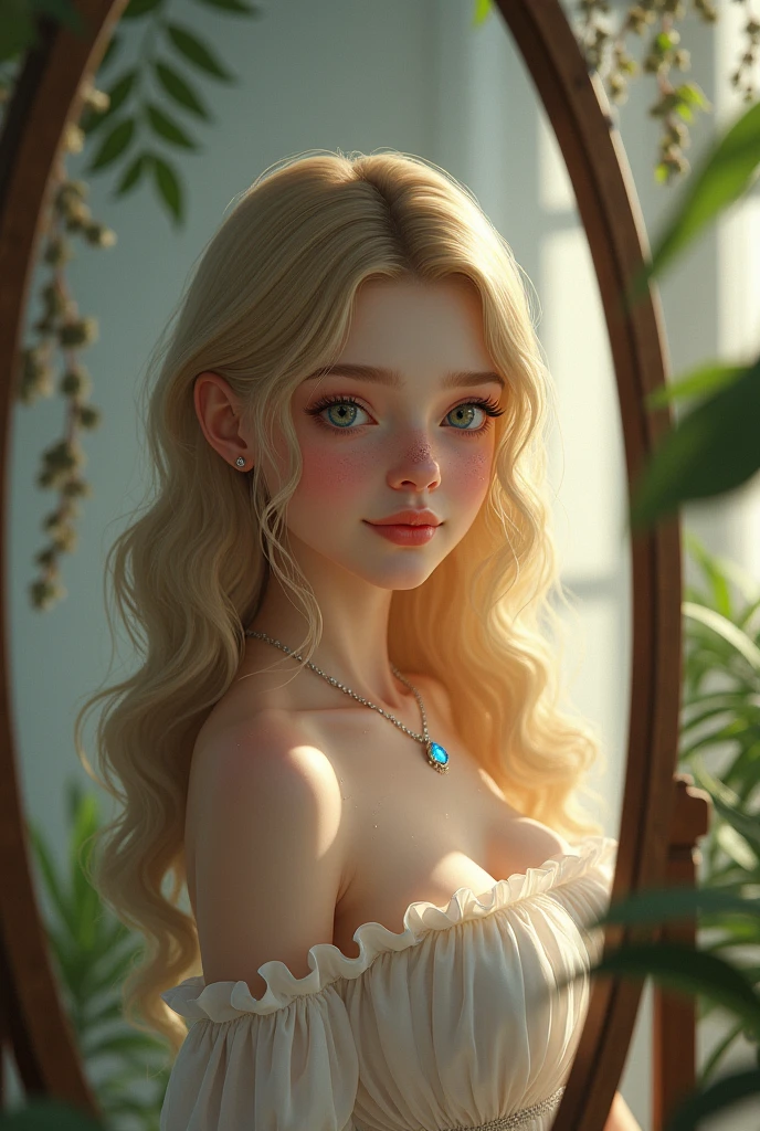 1 girl. BLACK DRESS. long wavy blonde hair, GREY eyes with long eyelashes, peach heart shaped lips, splattered nose. fine and pretty face, delicate features. Pale white skin with a slight blush on the cheeks. thin, huge breasts. She wears a necklace with a blue diamond. smiling. In the background a room with plants, She looking at herself in a full-length mirror.