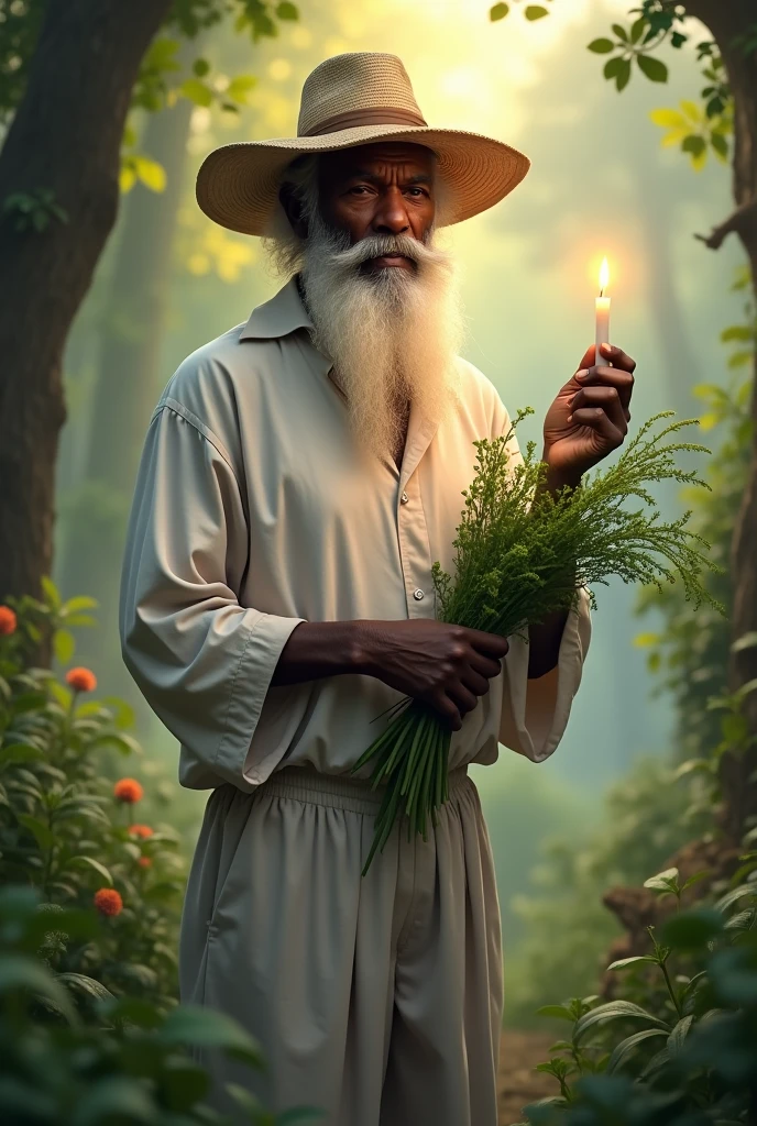 Old black man with a straw hat, dressed in white pants and shirt with a white beard with a candle in one hand and herbs in the other hand