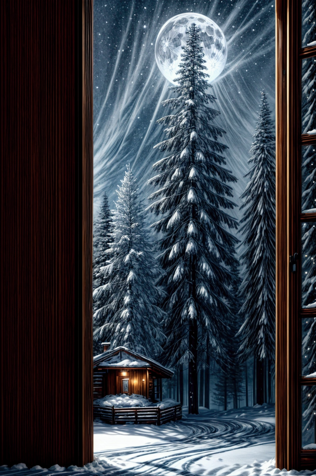 An awe-inspiring ultra-high-definition 4K digital painting capturing the tranquil beauty of a rustic cabin nestled deep within a snow-covered forest, illuminated by the soft, silvery light of a full moon. The cabin, constructed of weathered wood, exudes warmth and coziness, with its glowing windows casting a golden light that contrasts beautifully with the cool, icy surroundings. Snow blankets the forest floor, clinging to the tall, ancient trees that stand like silent sentinels around the cabin, their branches heavy with the weight of fresh snow.
In the distance, the forest stretches out in all directions, gradually merging into the soft, ethereal glow of moonlight reflecting off the snow. The sky above is a stunning expanse of deep indigo, dotted with countless stars that twinkle like diamonds in the crisp night air. The full moon hangs low in the sky, its light casting long, soft shadows that add depth and dimension to the scene, highlighting the textures of the snow and the intricate patterns of the frost-covered trees.
The cabin, perfectly positioned within this serene winter landscape, invites the viewer to step into its warm, inviting embrace, offering a moment of peace and solitude amidst the stillness of the snowy forest. The overall scene is rich with intricate details, from the textures of the snow-covered roof to the delicate glow of the moonlight, capturing the quiet, majestic beauty of a winter night in nature.