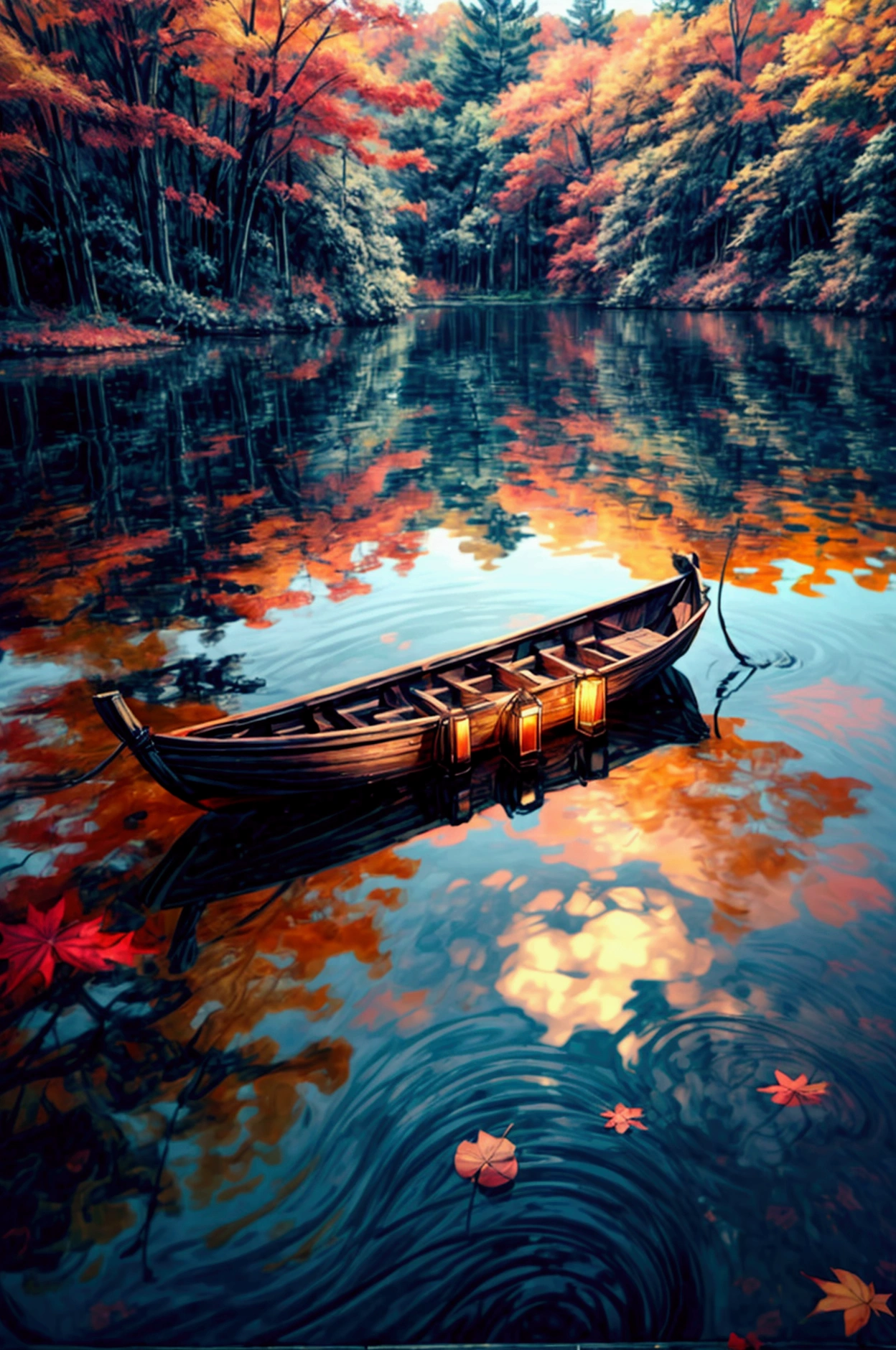 Anime scenery ultra-high-definition 4K digital painting of a serene autumn scene, featuring a small wooden boat gently floating on a calm, glass-like lake. The lake is surrounded by trees in full autumn bloom, their leaves a brilliant mix of oranges, reds, and yellows. The water perfectly reflects the vibrant foliage and the clear blue sky above, creating a mirror-like effect. The boat, lightly tethered to a wooden dock, drifts slightly with the breeze, adding to the peacefulness of the scene. The overall atmosphere is calm and reflective, with every detail, from the ripples on the water’s surface to the rich textures of the autumn leaves, captured in exquisite detail.