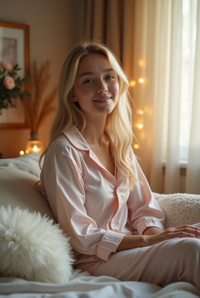 "A high-definition, professional image of a blonde girl in her bedroom, captured in a soft, natural light. She is wearing only a pajama set, with fine details in the fabric and textures. The bedroom is cozy and well-decorated, with elements like soft bedding, warm lighting, and a serene atmosphere. The girl's expression is relaxed and content, adding a sense of calm and comfort to the scene. The overall composition should feel intimate and authentic, with an emphasis on realism and subtle, artistic beauty, without clothes, naked, undressed.