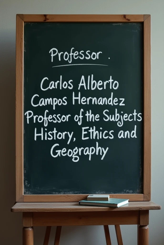 Blackboard that says Carlos Alberto Campos Hernández, professor of the subjects history, ethics and geography