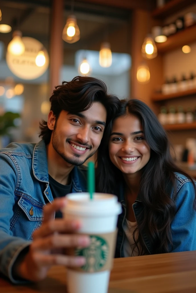 A 20 years old young indian boy with medium long hair wearing denim jacket and seating with his 20 years old young girlfriend with long hair who's wearing blue jacket and both are seating in starbucks coffee shop.taking selfie
