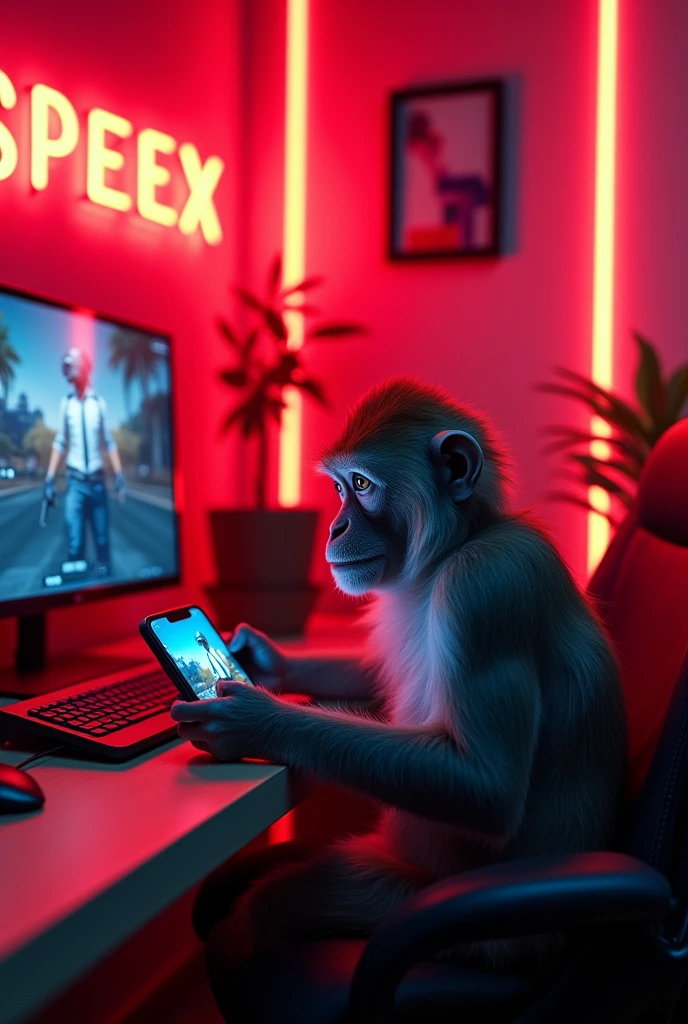 There monkey playing PUBG mobile in iPhone 15 pro max with computer screen PUBG MOBILE 
in background wall texted with red neon lights texted SPEEX 