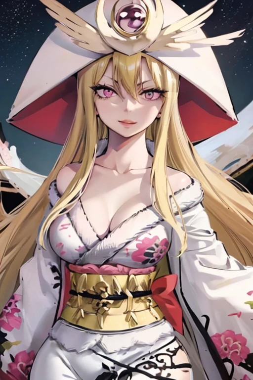 ftselenekim, pink eyes, mature female, blonde hair, hat, clothes, ftselenecas, pink eyes, blonde hair, maturefemale,cleavage, kimono, japanese clothes, moon, white clothes , big chest, smile, perfect waist, large breasts, kimono