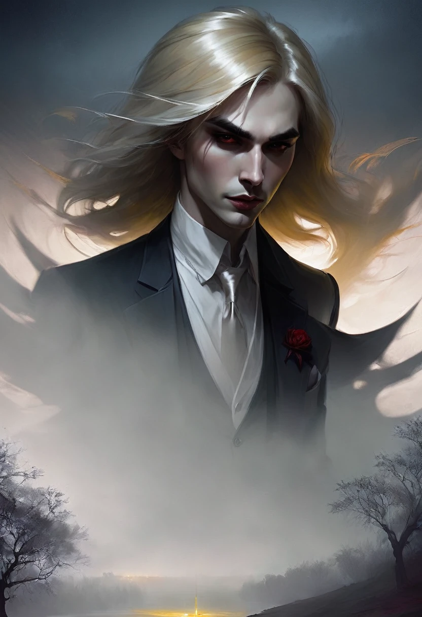 (good quality), (many details), (masterpiece), Charlie Bowater style, Vampire at night in the park, Gloomy aura, Shadows gather behind him, fedora, blond hair, angular face, suit, Schattenbeschwörer, lasombra 