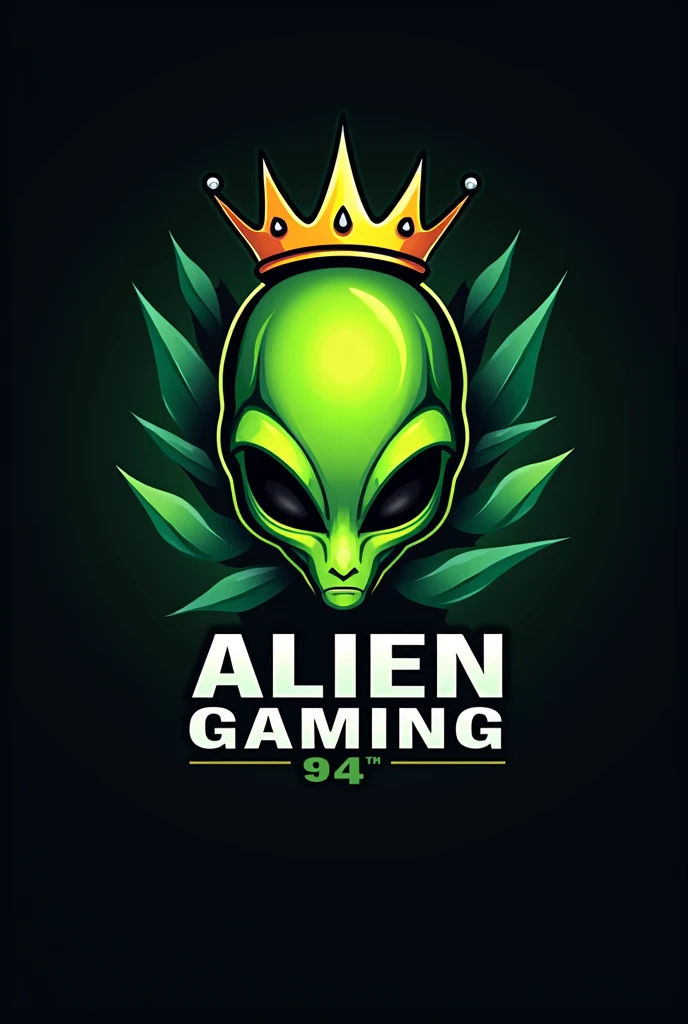 Logo that has the head of an alien in green with black eyes and a crown that says alien gaming at the bottom and has the number 94