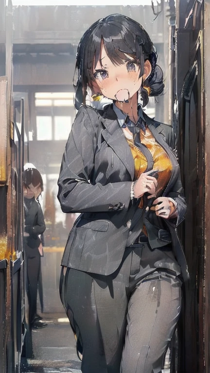 (must be follow these prompts:2.2),masterpiece,best quality,extremely detailed,(in her clothing:3.0),(in her formal styled business suit clothing:2.6),(adorable girl:2.5),(usually adorable face:2.2),(displayed one girl on single picture:2.4),(black hair:2.1),(lower height:2.3),(A small, curvy new employee working in modern Tokyo wearing a dark grey business suit jacket and trousers:2.3),(A cute girl-like moan echoes:2.2),(The new recruit was covered in thick, amber-colored, condensed semen that had repeatedly soaked into his dark grey suit and left him smelling bad.:1.8),(The new employee was wearing a business suit that had been ejaculated on a long time ago, leaving a very light, amber-colored stain that was smeared with varying shades of color.:1.6),(その新入社員はfirst time々It gives a cute and innocent impression.:2.5),(She looks cute, but inside she has awakened to sexual desire.:1.8),(The new employee&#39;s entire body was oozing with the slimy secretions that accompany sexual climax.:2.2),(The new employee&#39;s breasts, covered by her business suit, are swelling with intense lust.:2.4),(The new employee&#39;s heightened sexual desire led her to fondle her clitoris through her trousers.:1.9),(libidonous tumultus are makes sensuous reaction of her body:2.2),(she was sank into the depth of irresistible low passion:1.8),(viscous drips on her suit like a hunny dipping:2.4),(The new employee&#39;s love juices were dripping down the inside thighs of her dark grey trousers.:2.2),(in her clothing massively ejaculated:2.2),(men's elected twangers were inserted her:2.3),(The new employee with a plump, round body smells like semen:2.3),(she was already stroked up to the depth intervaginal sensual spot:2.3),(notably buldged up her inner labia majora:2.9),(A young, shy moan:1.5),(having big breasts in her clothing:2.6),(A new employee with an innocent look working in the office:2.3),(The new employee is short but has a slightly plump body.:2.1),(The crotch of his dark grey trousers is discolored with love juice stains.:2.5),(The new employee is convulsing and dripping love juice from her pussy, which is hidden under her pants.:1.8),(The new employee&#39;s dark grey trousers, which hug her plump thighs, are damp with lascivious secretions.:2.0),(The new employee endures the slush between his legs by continuing to wear his dark grey trousers.:2.1),(A new employee who is always holding his crotch over his dark grey trousers:1.7),(A moan filled with childish embarrassment:1.5),(The new employee&#39;s suit-covered breasts and nipples are bulging with lust.:1.8),(The new employee has a very lewd body hidden under her clothes.:2.2),(The new employee works very diligently.:2.5),(The new employee has short, thick legs.:2.2),(first time々New Employees:2.2),(she looks like japanese idol:2.3),(The dark grey trousers are made from a durable fabric that will never tear.:2.3),(she looks like a ta:2.0),(All of this happened to the new employee himself, not anyone else.:3.1),(tough business suit:2.2),(Make sure to depict the face:5.3),(Calm expression:4.3),(Innocent face:3),(The story focuses on just that one new employee.:3.3),(The only characters that appear are the new recruits.:4.2),(Portrait Style:5)