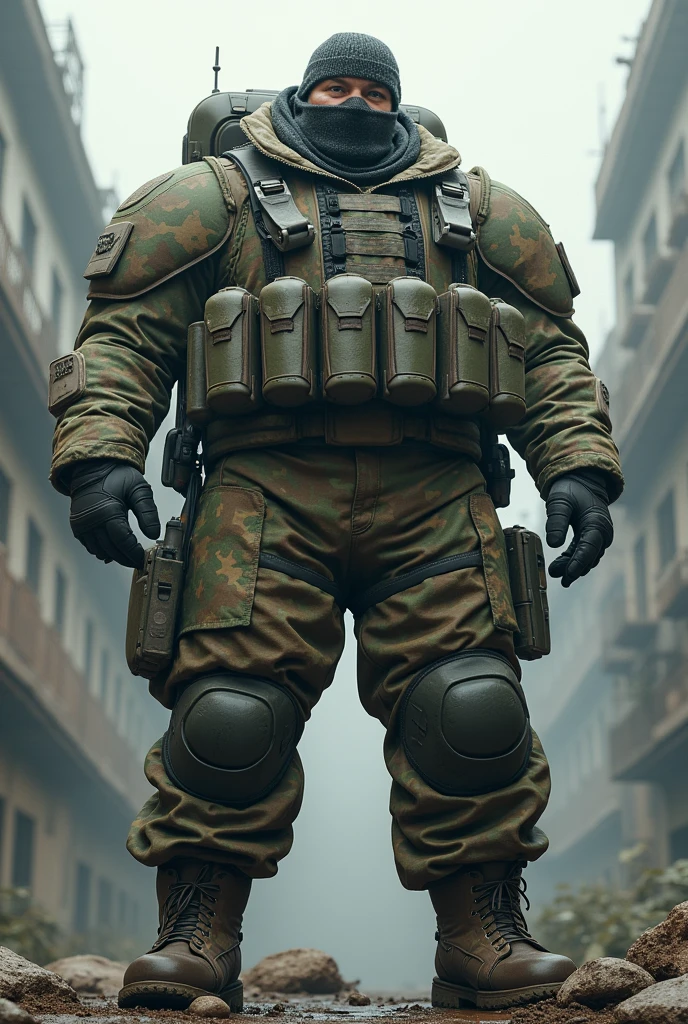 ultra realistic 8k, A white man. Heavy Infantry Army Soldier(ultra reslista). He wears a camouflage balaclava . Muscular and corpulent physique of 2,30 meters high(Realist 8K). He wears a bomb suit