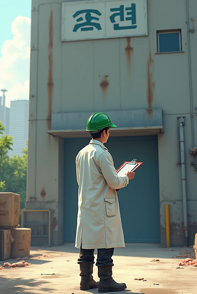 A supervisor in front of a JBS factory, with a white supervisor's coat and a green helmet with a refrigerator boot and a clipboard in his hand