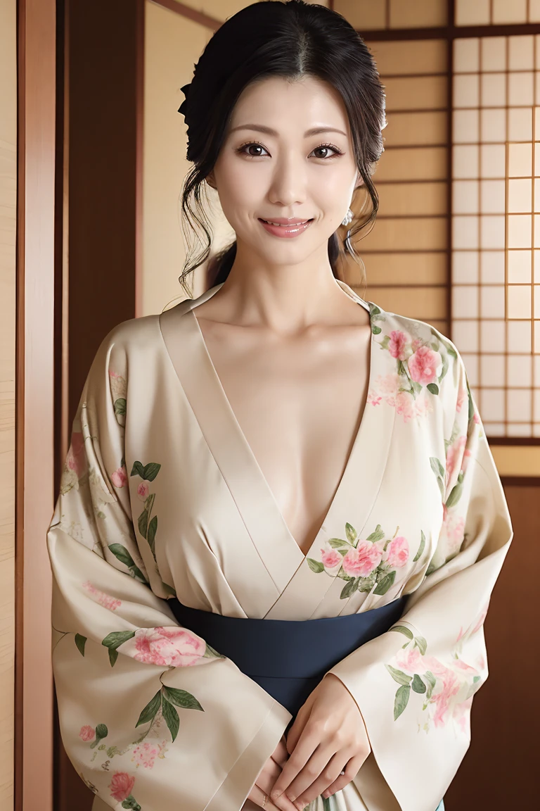 (Highest quality、Tabletop、8k、Best image quality、Award-winning works)、(One beautiful mature woman:1.1)、Adult face、(Innkeeper:1.1)、(Elegant floral kimono:1.2)、(V-neck collar:1.1)、(Cleavageが露わになる:1.2)、(Kimono that shows the chest:1.3)、(Cleavage:1.5)、(Open the chest:1.3)、(Large Breasts:1.4)、(Large Breastsの谷間を露出する:1.5)、Perfect mature woman portrait photo、Standing Elegantly、(Blurred elegant and exquisite perfect Japanese style room background:1.3)、(The most natural and perfect tidy Japanese style room background:1.2)、Glowing Skin、Perfect beautiful skin、(Accentuate your body lines:1.1)、(The most graceful posture:1.2)、Perfect beautiful glossy lips、(Accurate anatomy:1.1)、(A perfect and elegant outfit:1.1)、(Standing with good posture:1.1)、(Face close-up:1.1)、(Front facing body:1.2)、Sad expression
