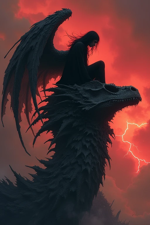 Une silhouette androgyne avec des ailes texturées et déchirées, assise sur un crâne de dragon géant, la tête penchée en avant en signe de tristesse. Habillée par la nuit, avec une légère lueur de lumière éclairant son visage, ailes déployées en geste de désespoir. Arrière-plan nuageux rouge sang avec des éclairs. Style dark fantasy, style Greg Rutkowski, contraste élevé, éclairage dramatique, texturé, atmosphérique, effets de fumée et de brouillard.