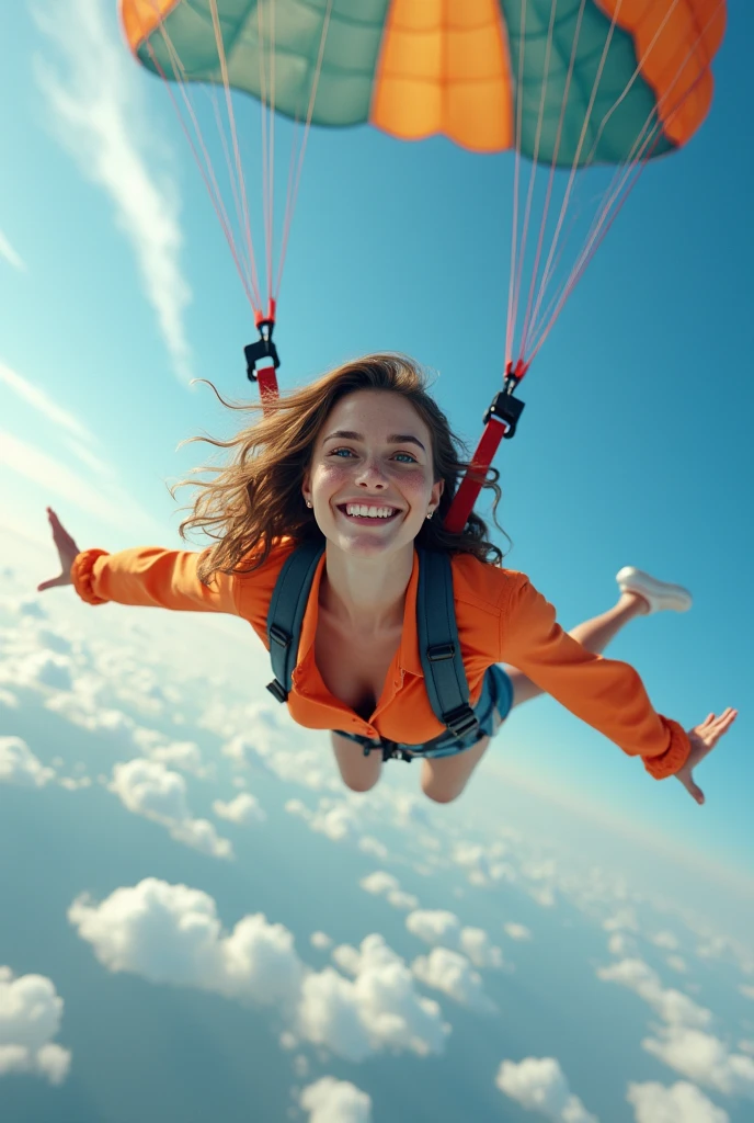 20 year old woman, instagram influencer, white skin with freckles, smile of frank happiness, blue eyes, flying on a parachute