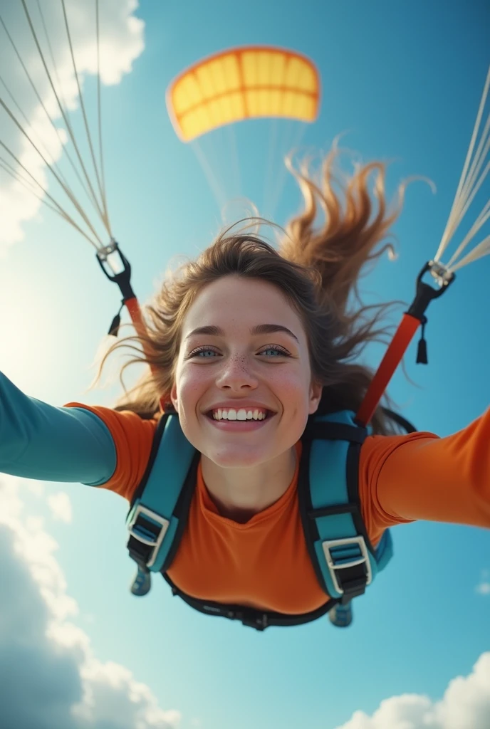 20 year old woman, instagram influencer, white skin with freckles, smile of frank happiness, blue eyes, flying on a parachute