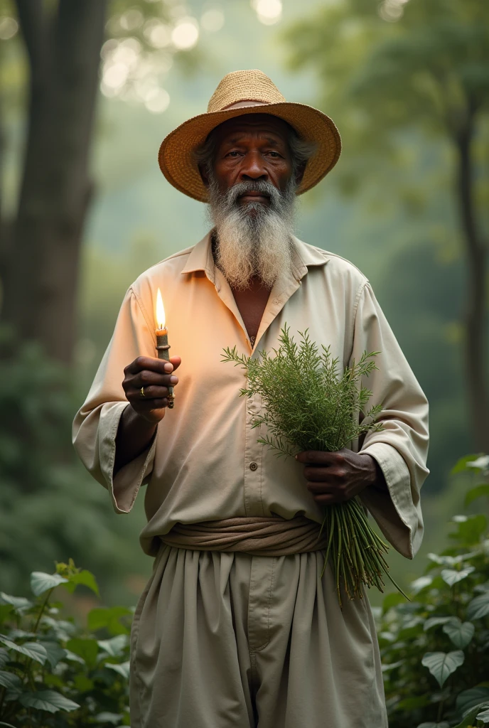 Old black man with a straw hat, dressed in white pants and shirt with a white beard with a candle in one hand and herbs in the other hand