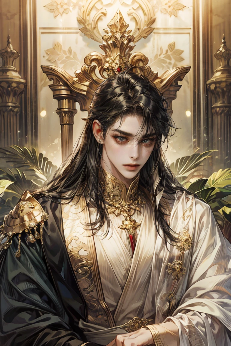 anime handsome guy with long black hair, emperor, jewel류, gold, jewel