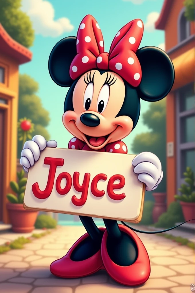 Minnie holding a sign with the name Joyce