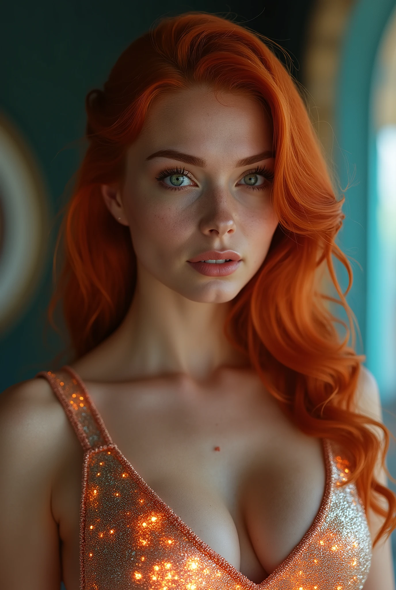 Masterpiece , 8k, RAW photo, portrait, best quality, ultra high res, photorealistic, 1girl, top body, thigh,red hair, earrings, necklace, eyelashes, cross legs, cinematic lighting, night, depth of field,happy face, grin, smile, lens flare, straight hair, white skin,topless,