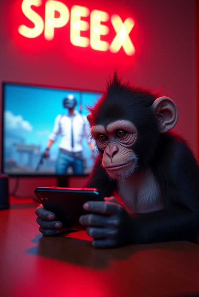 There monkey playing PUBG mobile in iPhone 15 pro max with computer screen PUBG MOBILE 
in background wall texted with red neon lights texted SPEEX for avatar