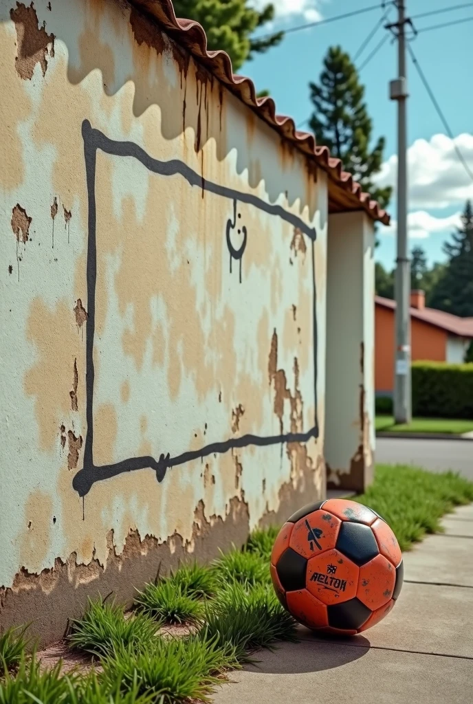 suburban wall with a drawing of a small goal on it and an old soccer ball