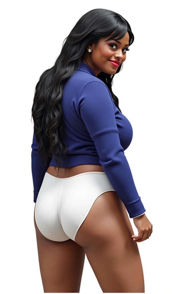 (masterpiece, best quality)), ((((perfect anatomy)))), Heavyset black woman with long black hair, dark eyeshadow, dark red lipstick, blue sweater, (((big white cotton panties))), big booty, smiling, (((photo realistic)))