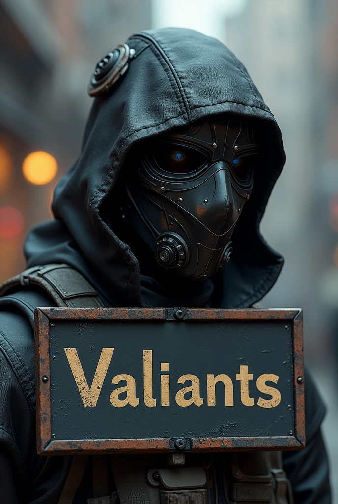 SNIPER MASK with a sign that has the word, VALIANTS