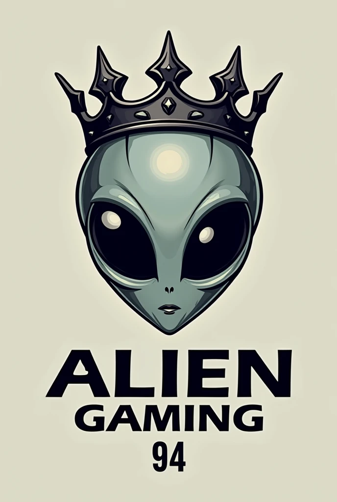 Logo that has the head of an alien with black eyes and a crown that says alien gaming at the bottom and has the number 94