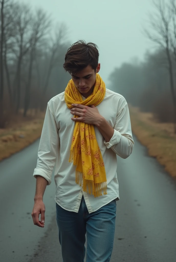A remorseful young man walking down an empty road. The man wearing a white shirt with jeans. The man is carrying a woman's yellow floral scarf to his chest in grief. The image should show the emotion of grief as the man has only this scarf left of her. Realistic Image