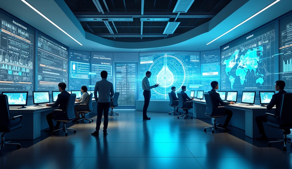 "Emerging industries: AI, data science, digital marketing"
A futuristic office setting with professionals working on AI algorithms, data analytics, and digital marketing on large screens, emphasizing the shift toward new industries.