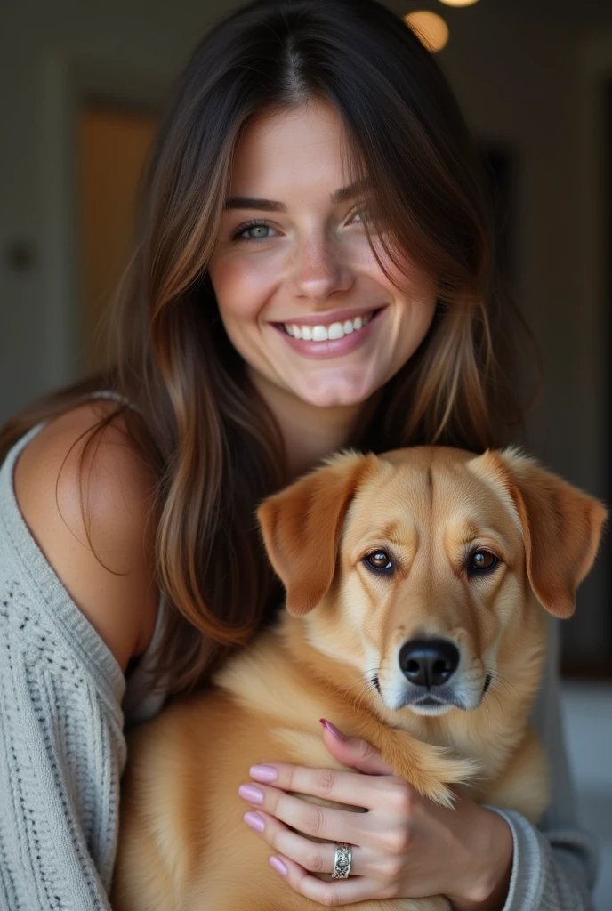 A smiling scandinavian brunette woman holds my dick