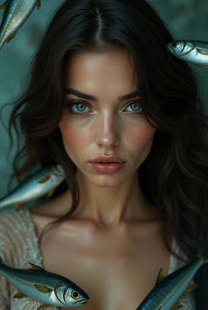 A very beautiful woman with green eyes, brunette and hot, with sardines