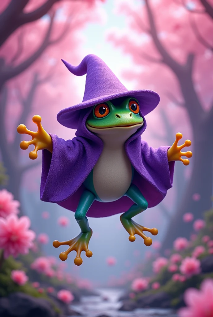 frog wizard with genie-like legs floating wearing a purple cloak, purple hat, with a background of synthetic drugs spread in the air, generating a psychedelic and cheerful air, in the middle of cherry trees
