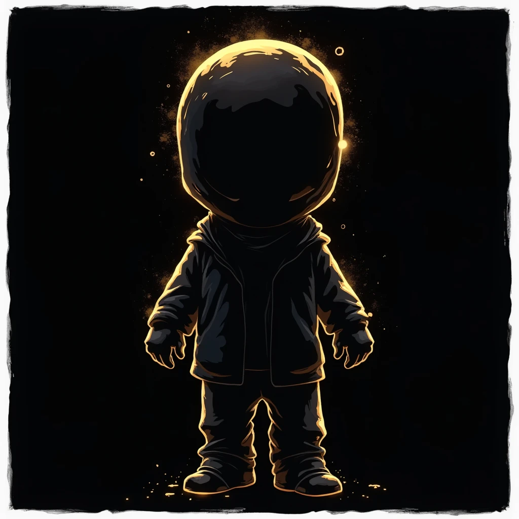 sticker//decal// black backdrop// cut around the drawing// white border around// drawing of an anonymous being// anonymous //done like painting// cartoon// just art1:1 // golden color highlights// gold// wealth // cartoon sticker