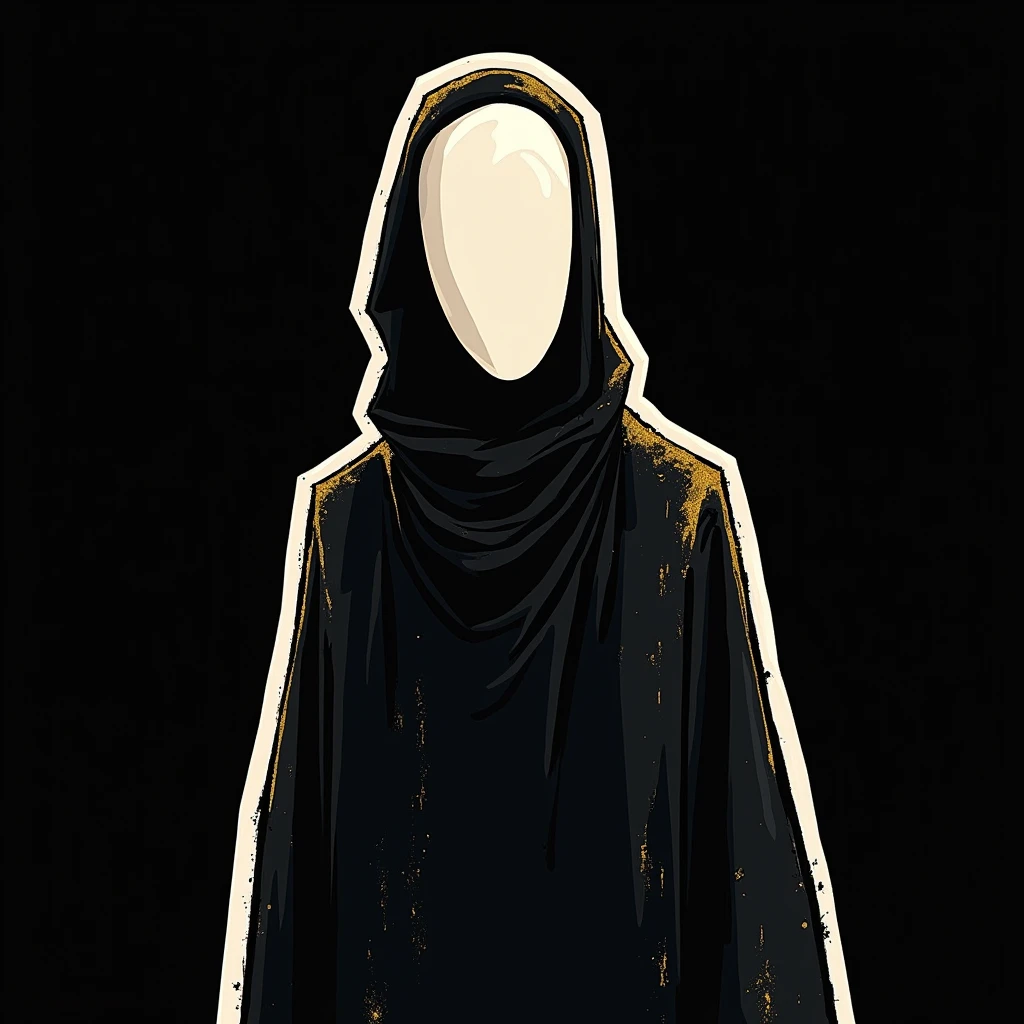 sticker//decal// black backdrop// cut around the drawing// white border around// drawing of an anonymous being// anonymous //done like painting// cartoon// just art1:1 // golden color highlights// gold// wealth // cartoon sticker