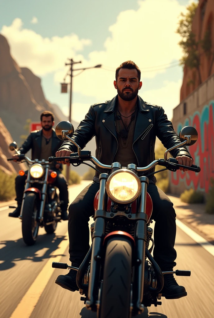 Motards en gilet en cuir noir sans logo, read trip route 68, moto bebber et chopper, soleil panneaux inscrivant Los Santos Vespucci, graffity BRMC sur un mur, paysage 