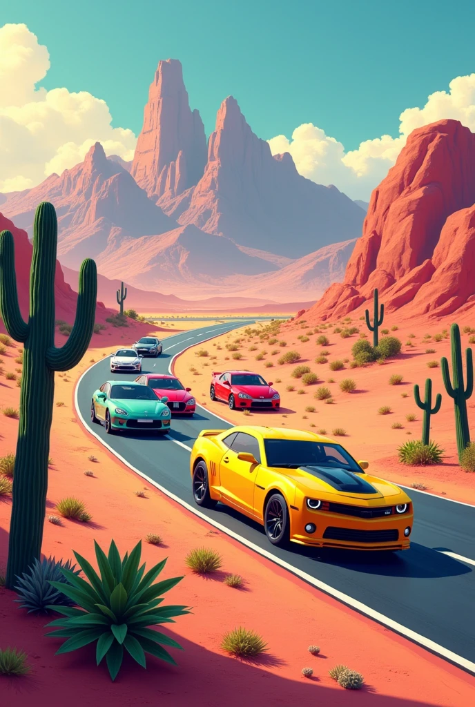 Create a racing track with fashionable cars in the Mexican desert, they are driving forward in the background, the background of mountains, cacti. There is a playground in the foreground. Everything is in golden pink tones. On the front of that picture stays yellow food truck 