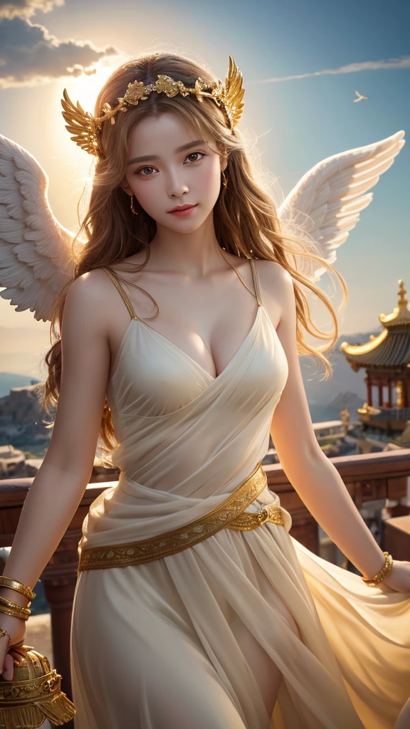 masterpiece, Highest quality, 8k, Real person, Greek Mythology, Angel，Extremely dense CG, Shine肌, Fully focused, heaven, The Glory of God, Shine, bless, happiness,front，temple