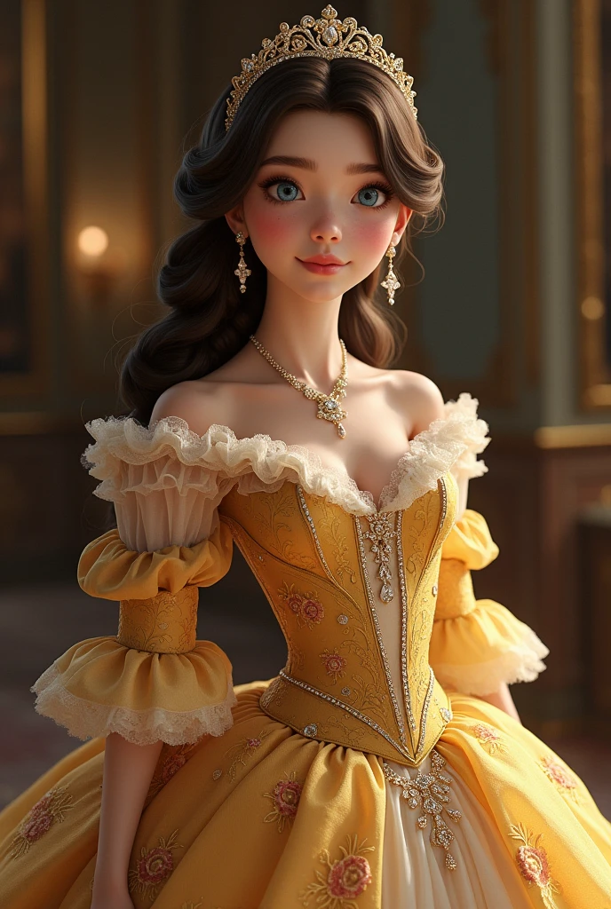 Princess Clara, adorned in her exquisite Victorian dress, looked like a vision of timeless elegance. Her gown, a rich shade of gold, shimmered with intricate embroidery and delicate lacework that caught the light with every movement. The fitted bodice highlighted her graceful posture, while the flowing skirt, adorned with diamonds, cascaded in soft, ethereal layers. Her dark brown hair was elegantly styled in gentle waves, complementing the grandeur of her dress. Clara's blue eyes, sparkling with a mix of youthful wonder and sophistication, were framed by her refined makeup, enhancing her natural beauty. The overall effect was one of regal charm and captivating grace, making her the center of admiration and enchantment.She is 1