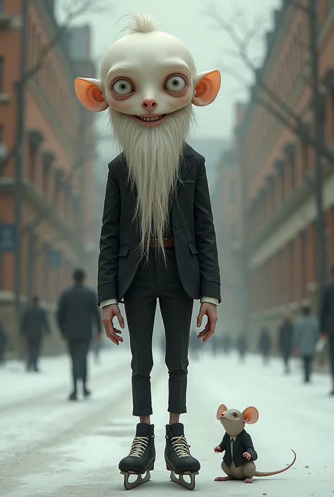 Make a very skinny boy, with long face, that is albino,and have the longest beard in the world,protruding teeth,very big nose,bald and with a fringe that starts from the forehead and everything else bald,that he is blind,that he has long legs and skates on,formal dress with jacket and tie,that has a mouse tail,university, please 