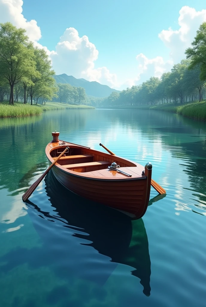 In a serene and picturesque scene, an elegant wooden boat is peacefully anchored on a calm lake. The boat, with its smooth lines and polished finish, reflects a rich mahogany color, contrasting with the crystal clear water around it.

The surface of the lake is an almost perfect mirror, capturing the reflection of the boat and the majestic trees that surround it. The sky above is clear and blue, with some fluffy white clouds hovering gently.

The boat possui um design clássico, with a narrow hull and graceful curves that speak of a handcrafted construction. Your deck is spotlessly clean, with comfortable wooden benches and a polished metal helm in the background. A pair of oars rests carefully on side supports, ready to be used.

Around the boat, small waves ripple gently, creating ripple patterns that extend all the way to the lakeshore, where lush, green vegetation blends with the natural environment.

The scene exudes tranquility and simplicity, evoking a sense of calm and freedom, perfect for a relaxing day on the water.
