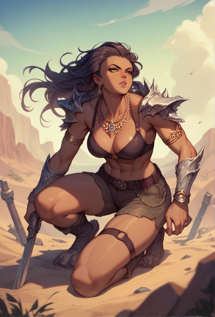 Anime demiwoman anime style werewolf western desert landscape scorching sun 