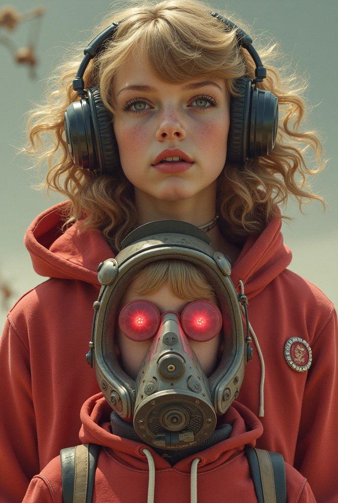 Taylor Swift, realistic, big breasts, full body & Youg boy with red hoodie, headphones, Star-lord helmet, rocket boots, gas helmet, covered mouth, round red eyes, front cover, Dj