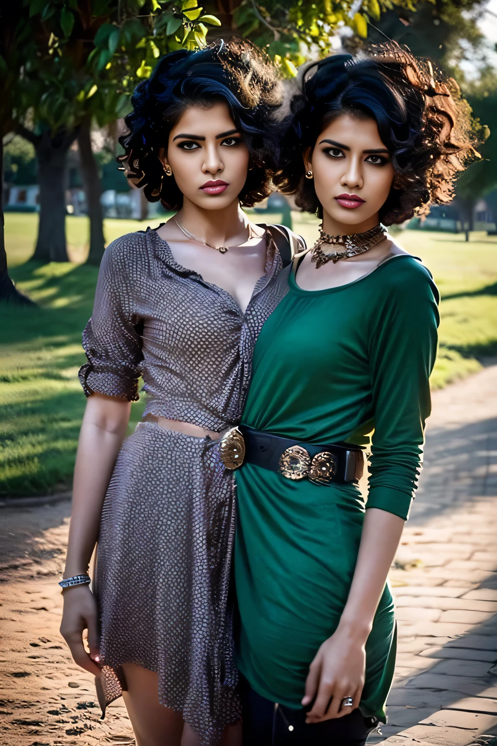 2heads, female couple, age 28, two heads on one body, conjoined, one torso, hipsters, Pakistani, curly hair, short hair, long hair, punk rock fashion, in the park