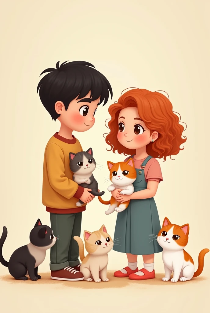 Young woman with curly copper hair, White skin, Brown eyes, with her boyfriend dark straight hair, Brown skin, Chinese race, with three kittens playing, Siamese, tricolor white with black and orange, white with lead. chibi, tender, funny