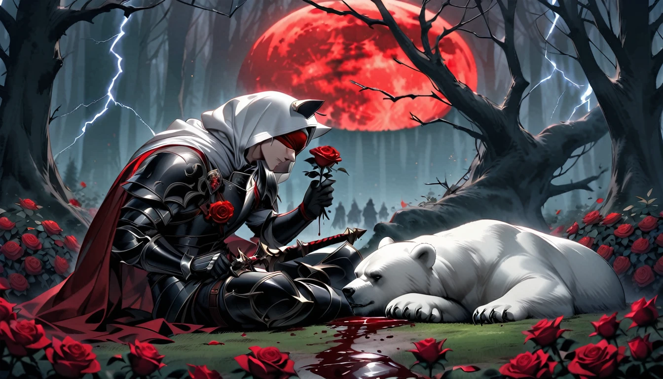 Male knight with a white hood with bear ears with sword behind his back sits on the ground towards a polar bear in a forest while the moon shines, many Roses cover the ground and lightning falls from the sky. The polar bear sleeps in front of the knight. Only the man wears a red blindfold. In the background of the picture is the blood moon and a tree has fallen down in the path. The forest is full of trees with leaves. The armor of the man is black and red roses decorate it. The knight has its sword in his hand.
