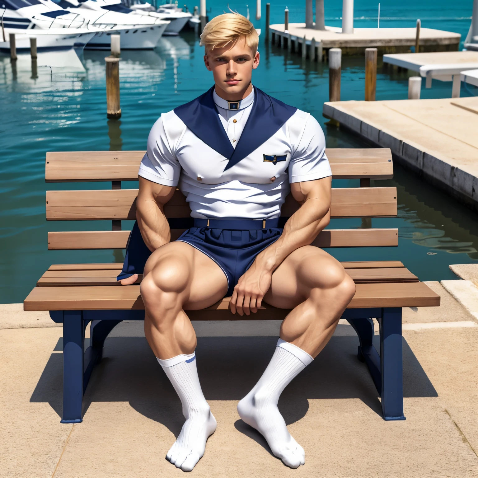 full body view, a blond young musuclar man wearing a sailor suit made out of tight navy blue and white rubber and a steel collar, in white socks , fashion haircut with spikes, sitting in his socks on a bench on the pontoon of the marina of Antibes, showing off his white socked feet, realistic photo