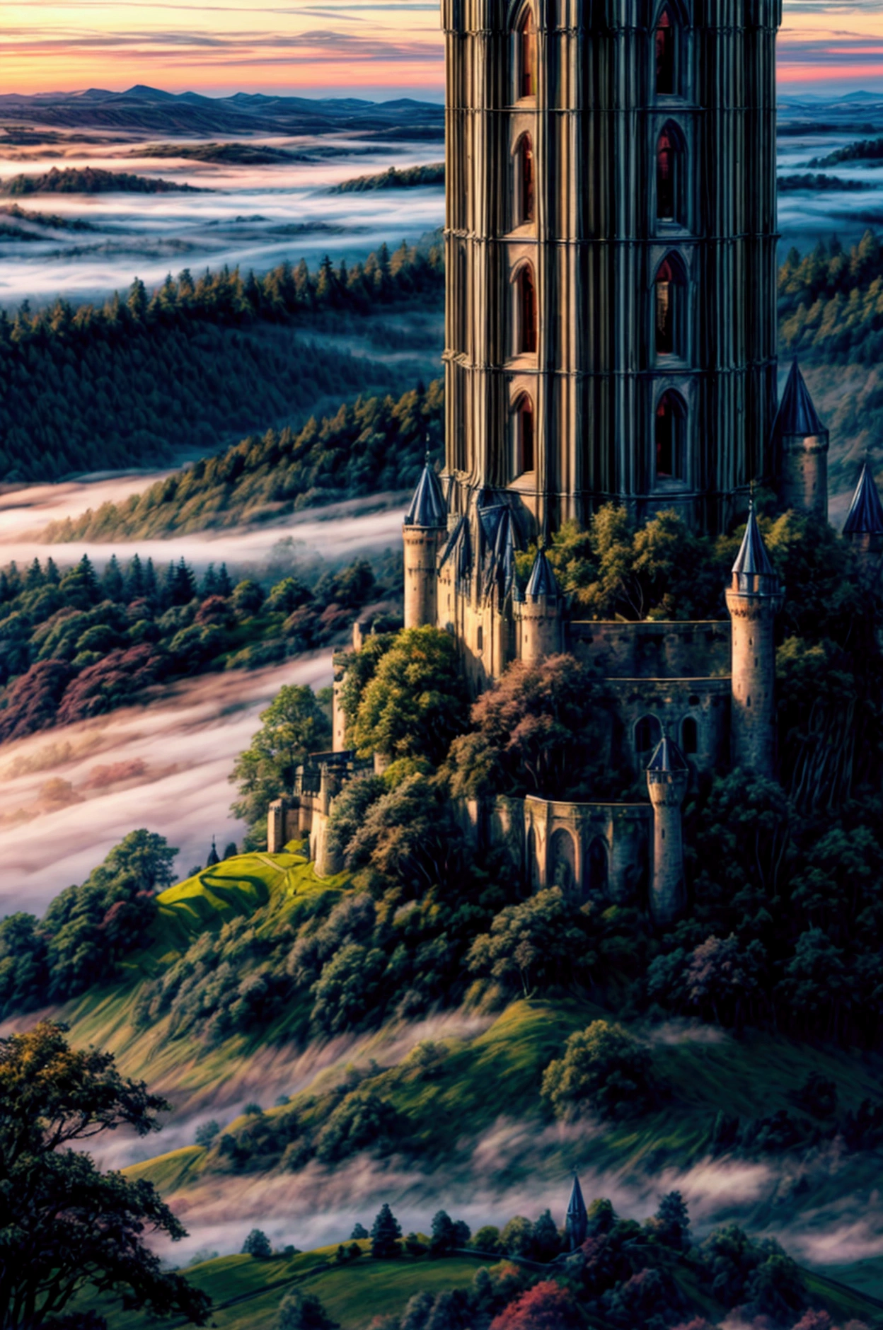 An ultra-high-definition 4K digital painting showcasing a grand, deserted medieval castle perched on a hill, overlooking a misty valley at dawn. The castle’s ancient stone walls are covered in ivy, and its towering spires reach towards the first light of day, which breaks through the mist with a soft, golden glow. The valley below is shrouded in a blanket of fog, with the tops of trees and distant mountains barely visible in the morning light. The scene is steeped in a sense of history and mystery, with every detail, from the weathered stones of the castle to the delicate tendrils of mist winding through the valley, rendered to create an atmosphere of quiet majesty and ancient power.