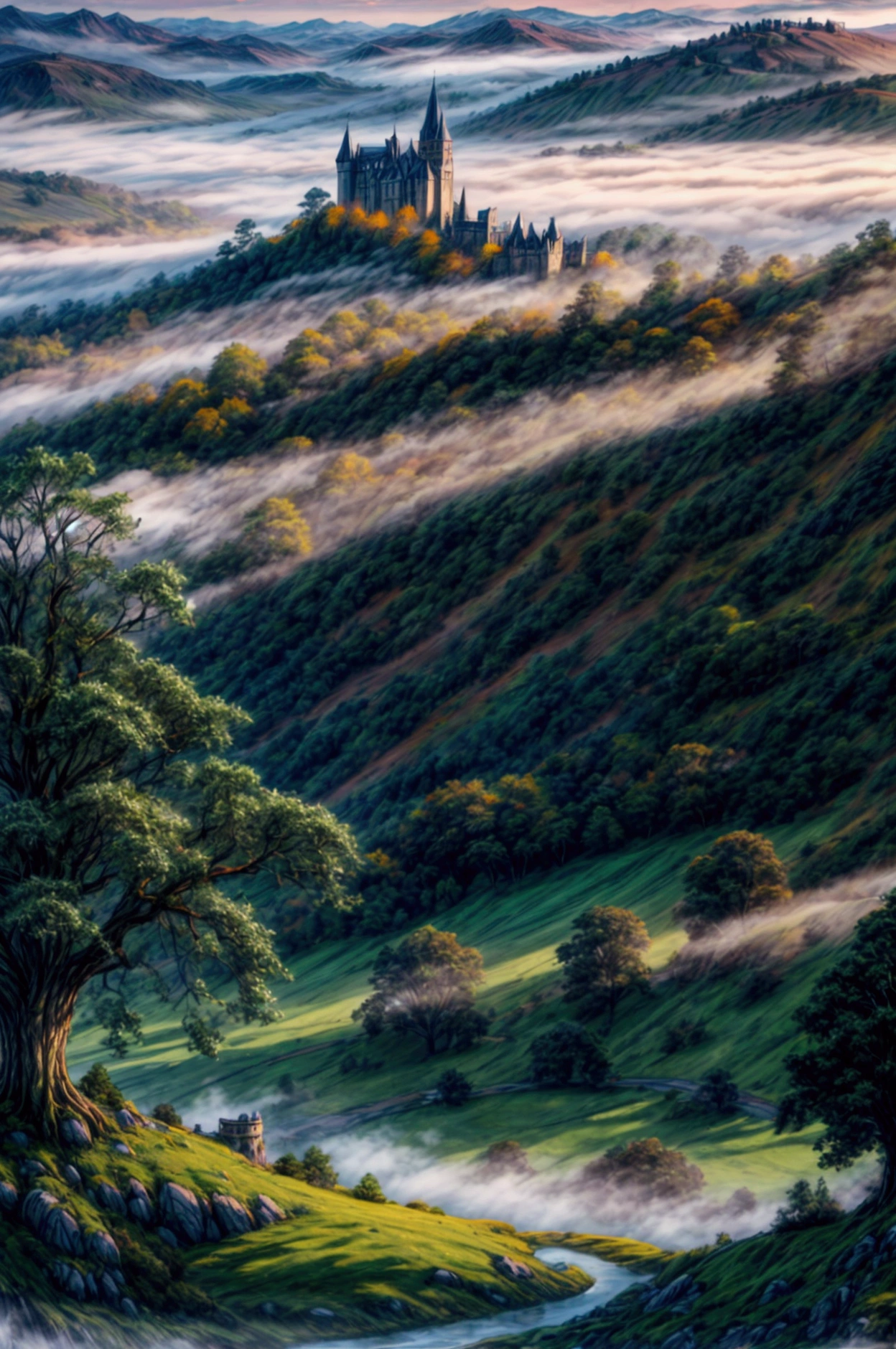 An ultra-high-definition 4K digital painting showcasing a grand, deserted medieval castle perched on a hill, overlooking a misty valley at dawn. The castle’s ancient stone walls are covered in ivy, and its towering spires reach towards the first light of day, which breaks through the mist with a soft, golden glow. The valley below is shrouded in a blanket of fog, with the tops of trees and distant mountains barely visible in the morning light. The scene is steeped in a sense of history and mystery, with every detail, from the weathered stones of the castle to the delicate tendrils of mist winding through the valley, rendered to create an atmosphere of quiet majesty and ancient power.