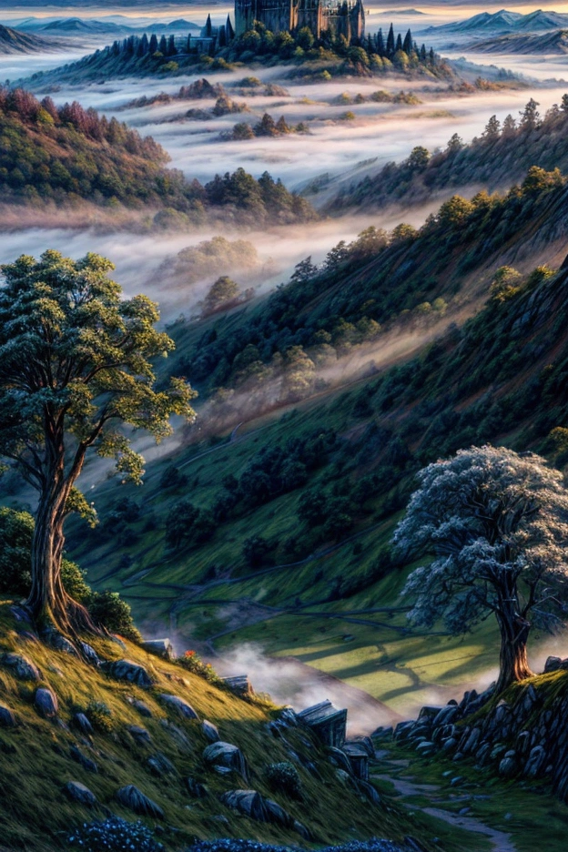 An ultra-high-definition 4K digital painting showcasing a grand, deserted medieval castle perched on a hill, overlooking a misty valley at dawn. The castle’s ancient stone walls are covered in ivy, and its towering spires reach towards the first light of day, which breaks through the mist with a soft, golden glow. The valley below is shrouded in a blanket of fog, with the tops of trees and distant mountains barely visible in the morning light. The scene is steeped in a sense of history and mystery, with every detail, from the weathered stones of the castle to the delicate tendrils of mist winding through the valley, rendered to create an atmosphere of quiet majesty and ancient power.